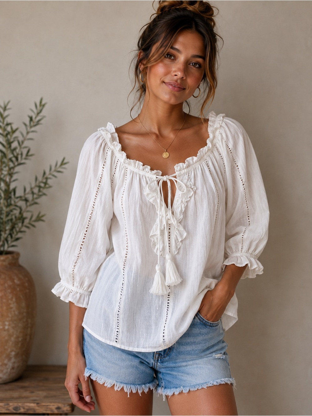 White Peasant Ruffle Tie-Front Blouse